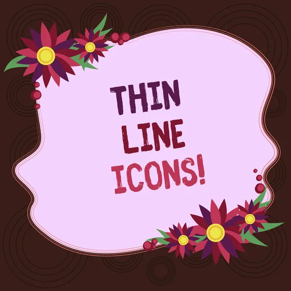 Writing note showing Thin Line Icons. Business photo showcasing Symbols used in cellphones and other apps like buttons Blank Uneven Color Shape with Flowers Border for Cards Invitation Ads. — Stock Photo, Image