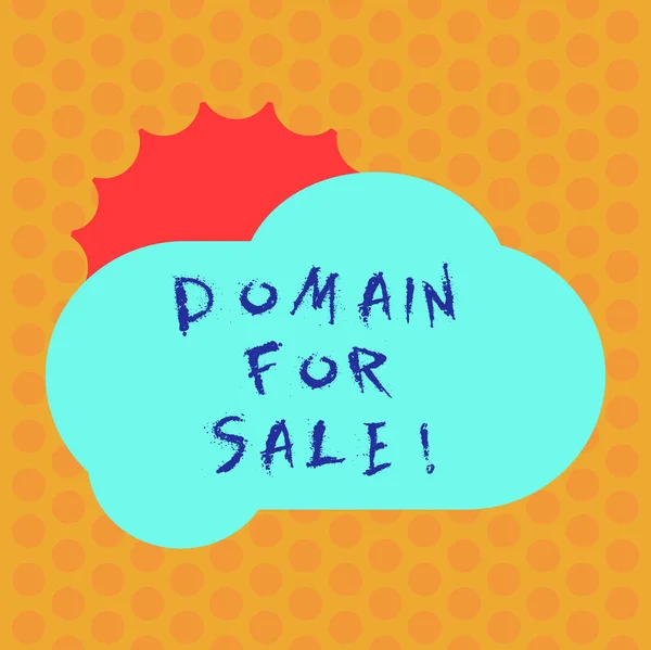 Writing note showing Domain For Sale. Business photo showcasing Website available to be purchased webpage not being used Sun Hiding Behind Blank Fluffy Color Cloud for Poster Ads.