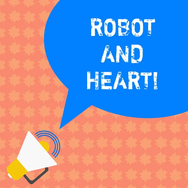Writing note showing Robot And Heart. Business photo showcasing Sensitivity and care behind the machine technology Megaphone with Sound Volume Icon and Blank Color Speech Bubble photo. — Stock Photo, Image