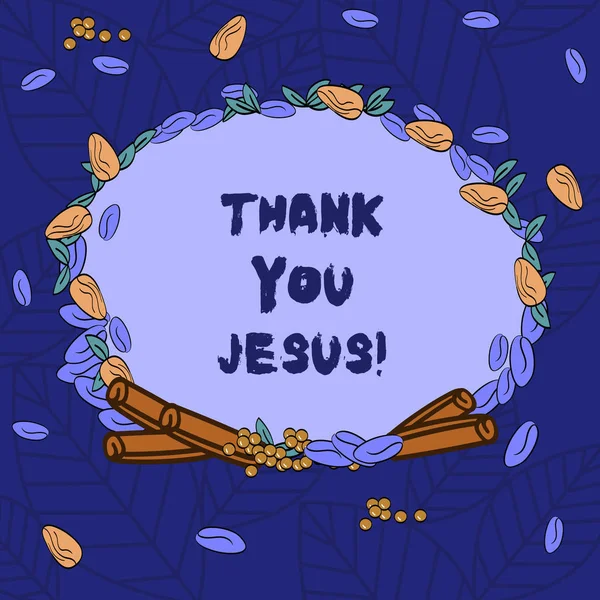 Szöveg írása köszönöm Jézus szó. Üzleti koncepció, amiért hálás, a mit az Úr adott neked vallási koszorú készült a különböző színű magok levelek és hengerelt fahéj fénykép. — Stock Fotó