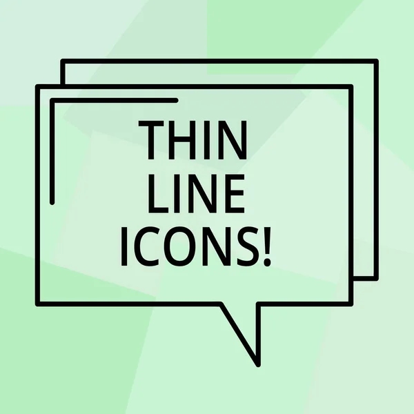 Conceptual hand writing showing Thin Line Icons. Business photo text Symbols used in cellphones and other apps like buttons Rectangular Outline Transparent Comic Speech Bubble Space. — Stock Photo, Image