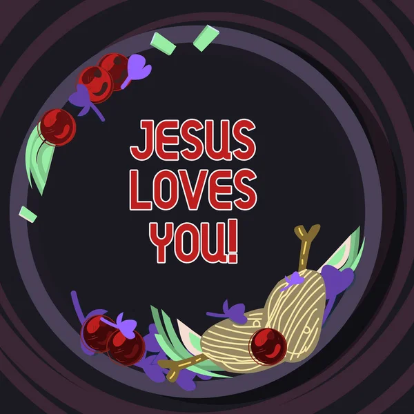 Conceptual hand writing showing Jesus Loves You. Business photo text Believe in the Lord To have faith religious demonstrating Hand Drawn Lamb Chops Herb Spice Cherry Tomatoes on Plate. — Stock Photo, Image