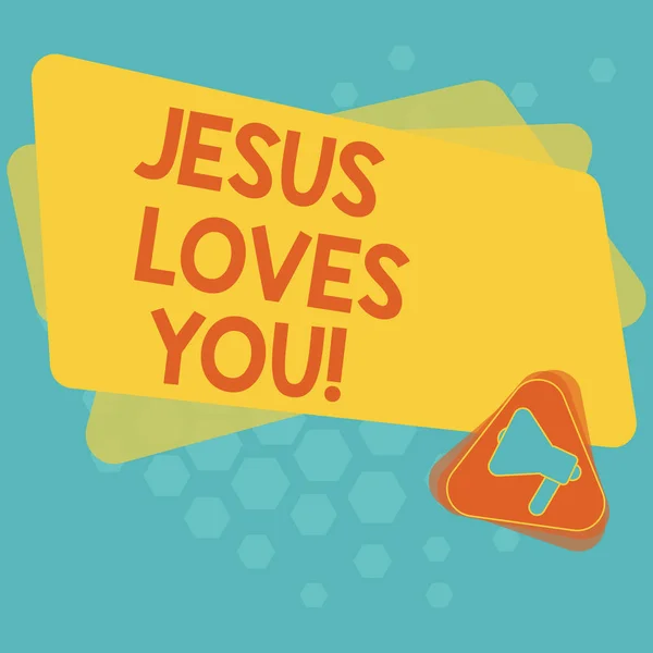 Word writing text Jesus Loves You. Business concept for Believe in the Lord To have faith religious demonstrating Megaphone Inside Triangle and Blank Color Rectangle for Announcement.