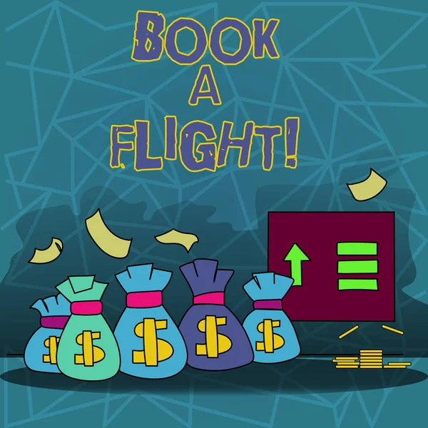 Textschild, das einen Flug bucht. konzeptioneller Foto-Kauf von Tickets für eine Reise mit dem Flugzeug Urlaubsplanung. — Stockfoto