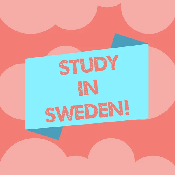 Writing note showing Study In Sweden. Business photo showcasing Travel to European country for educational purposes Blank Color Folded Banner Strip Flat Style Announcement Poster.