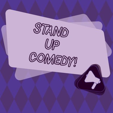 Kavramsal el komedi Stand Up gösterilen yazma. Komedyen seyirci megafon içinde üçgen ve duyuru için dikdörtgen önünde performans gösteren konuşan vitrine iş fotoğraf.