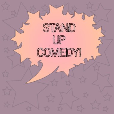 Komedi Stand Up yazma el yazısı metin. Kavram anlamı boş Oval renk konuşma balonu yıldız ile anahat olarak seyirci önünde konuşan gerçekleştirme komedyen fotoğraf metin alanı.