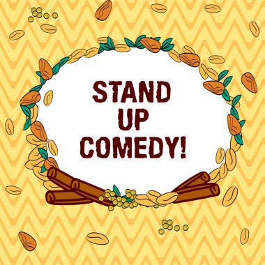 Komedi Stand Up gösterilen not yazma. Komedyen performans gösteren canlı seyirci çelenk yaptı, farklı renk tohum yaprakları ve rulo tarçın fotoğraf önünde konuşan vitrine iş fotoğraf.