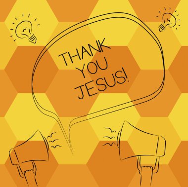 Teşekkür ederim İsa yazma el yazısı metin. Ne Tanrı size verdiği için şükretme dini Freehand anahat kroki, boş konuşma balonu megafon ses fikir simgesinin anlam kavramı.