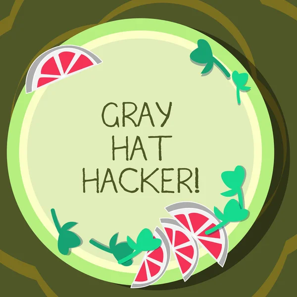Conceptual hand writing showing Gray Hat Hacker. Business photo showcasing Computer security expert who may sometimes violate laws Cutouts of Sliced Lime Wedge and Herb Leaves on Color Plate.
