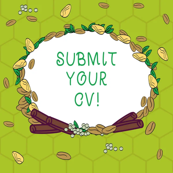 Handwriting text Submit Your Cv. Concept meaning Looking for a job Recruitment send us resume to apply Wreath Made of Different Color Seeds Leaves and Rolled Cinnamon photo.