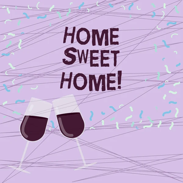 Parola di scrittura del testo Home Sweet Home. Business concept for In house finalmente Confortevole sensazione Rilassato Tempo per la famiglia Riempito Vino Bicchiere da brindisi per la celebrazione con Scattered Confetti foto . — Foto Stock