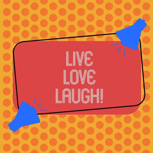 Writing Obs visar Live Love skratta. Företag foto skylta inspireras positiva njuta av dina dagar skrattar gott humör två MegaFon med ljudikonen på färg beskrivs rektangulär form. — Stockfoto
