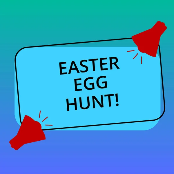 Tekst pisma ręcznego pisania Easter Egg Hunt. Koncepcja co oznacza wyszukiwanie traktuje specjalny sezon przedstawia wiosna tradycji dwóch megafon z ikona dźwięku na puste kolor opisane prostokątny kształt. — Zdjęcie stockowe