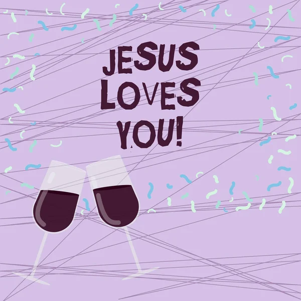 Ord skriva text Jesus älskar dig. Affärsidé för Believe i den Herren att ha tro religiös visar fylld vin glas skålar för fest med spridda konfetti Foto. — Stockfoto
