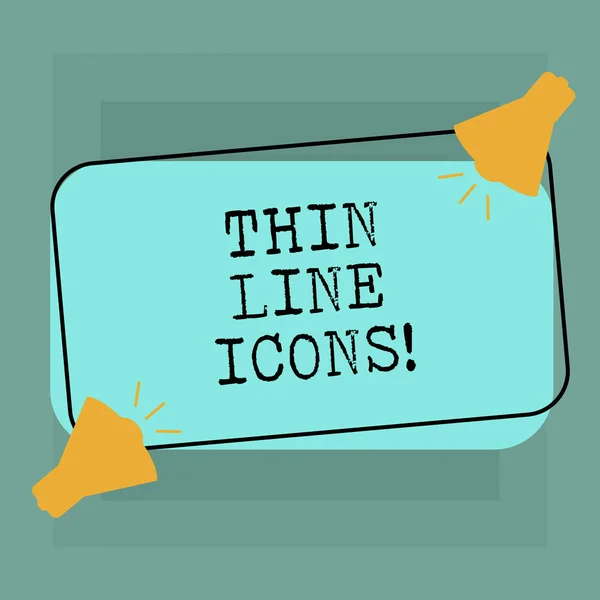 Conceptual hand writing showing Thin Line Icons. Business photo text Symbols used in cellphones and other apps like buttons Two Megaphone with Sound icon on Color Outlined Rectangular Shape. — Stock Photo, Image