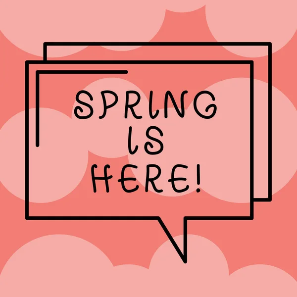 Writing note showing Spring Is Here. Business photo showcasing After winter season has arrived Enjoy nature flowers sun Rectangular Outline Transparent Comic Speech Bubble photo Blank Space.