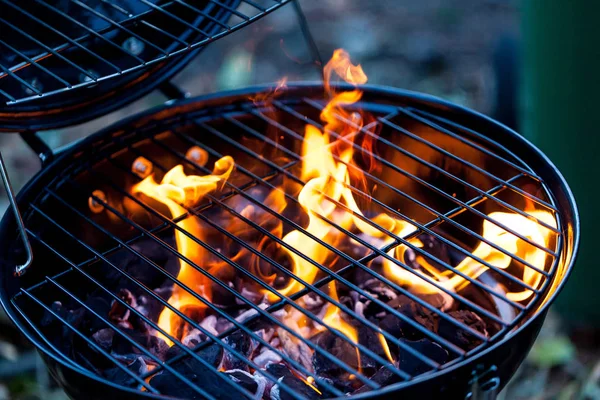 带圆形烤架的烧烤火。食物准备概念与 bbq 火在烤架. — 图库照片
