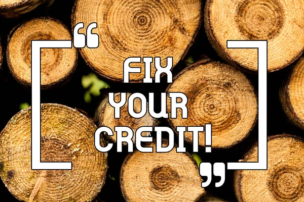 Text sign showing Fix Your Credit. Conceptual photo Keep balances low on credit cards and other credit Wooden background vintage wood wild message ideas intentions thoughts. — Stock Photo, Image