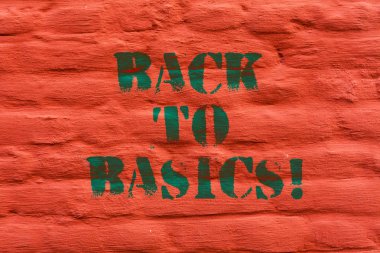 Metin yazma temelleri için kelime. İş kavramı dönüş basit şeyler temel temel birincil olarak tuğla duvar sanat Graffiti motivasyonel çağrı duvarda yazılı gibi için.