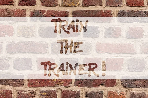 Írásbeli Megjegyzés mutatja Train The Trainer. Üzleti fénykép bemutató azonosított megtanítani a mentor vagy vonattal mások részt venni az osztály téglafal művészet, mint a Graffiti motivációs hívás a falra írt. — Stock Fotó