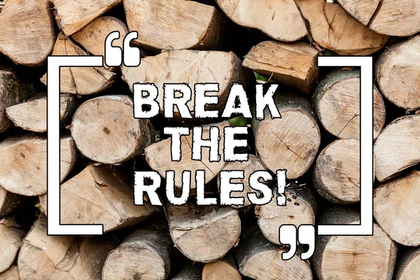 Handwriting text writing Break The Rules. Concept meaning Make changes do everything different Rebellion Reform Wooden background vintage wood wild message ideas intentions thoughts.