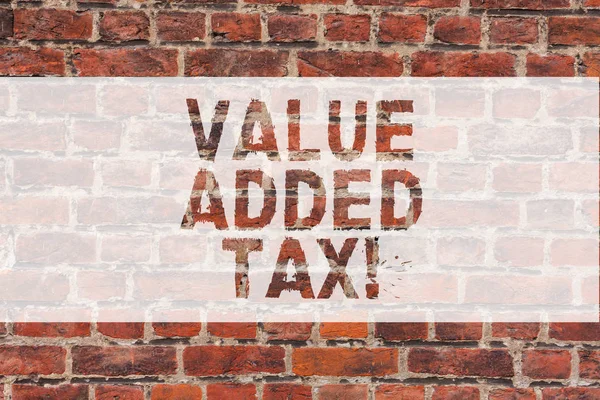 Handwriting text writing Value Added Tax. Concept meaning Amount of money added to cover production and distribution Brick Wall art like Graffiti motivational call written on the wall.