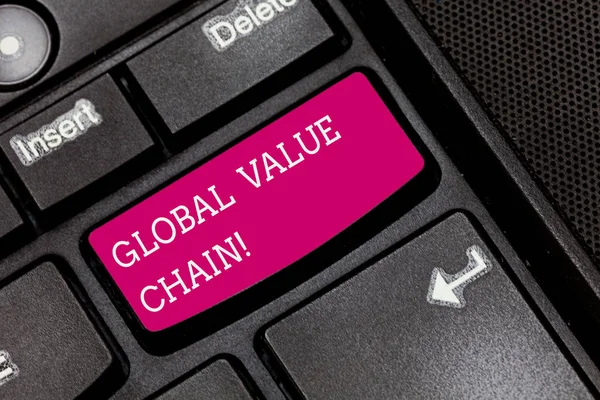 Writing note showing Global Value Chain. Business photo showcasing showing activities involved in production good or service Keyboard key Intention to create computer message pressing keypad idea.