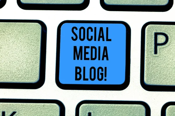 Writing note showing Social Media Blog. Business photo showcasing Web page that serves publicly accessible demonstratingal journal Keyboard key Intention to create computer message pressing keypad