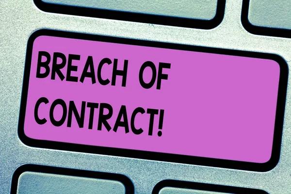 Conceptual hand writing showing Breach Of Contract. Business photo text act of breaking the terms set out in deal or agreement Keyboard key Intention to create computer message idea.