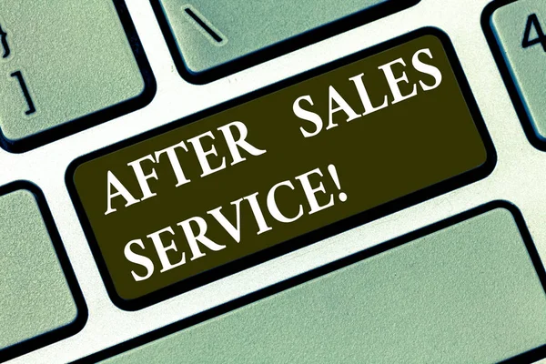 Writing note showing After Sales Service. Business photo showcasing support provided after merchandise have been sold Keyboard key Intention to create computer message pressing keypad idea.