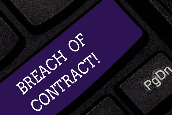Conceptual hand writing showing Breach Of Contract. Business photo showcasing act of breaking the terms set out in deal or agreement Keyboard key Intention to create computer message idea. — Stock Photo, Image