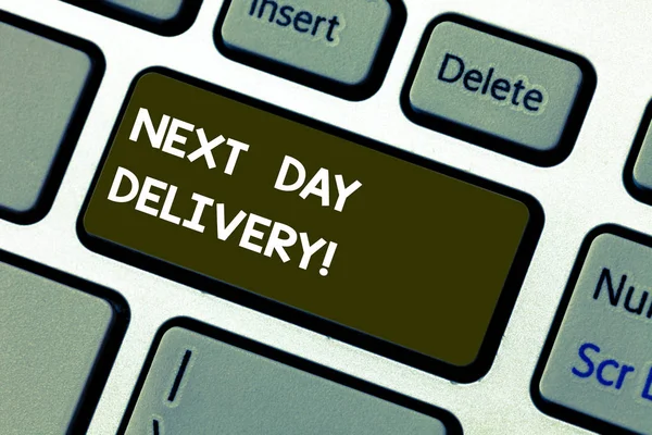 Conceptual hand writing showing Next Day Delivery. Business photo showcasing service allows you have goods delivered day after order Keyboard key Intention to create computer message idea.