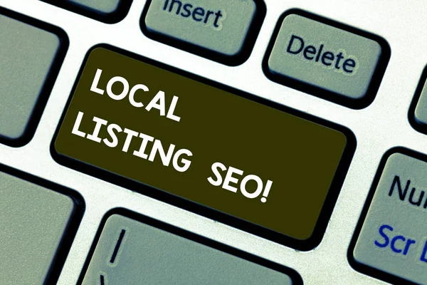 Conceptual hand writing showing Local Listing Seo. Business photo showcasing promotional strategy used improve visibility your business Keyboard key Intention to create computer message idea.