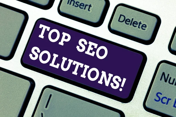 Text sign showing Top Seo Solutions. Conceptual photo methodology of techniques to increase amount of visitors Keyboard key Intention to create computer message pressing keypad idea. — Stock Photo, Image