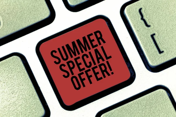 Handwriting text Summer Special Offer. Concept meaning product or service that is offered at a very low price Keyboard key Intention to create computer message pressing keypad idea.