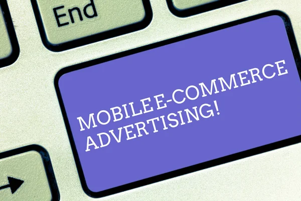 Conceptual hand writing showing Mobile E Commerce Advertising. Business photo text use of mobile devices in marketing brand Keyboard key Intention to create computer message idea. — Stock Photo, Image