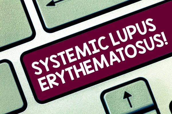 stock image Text sign showing Systemic Lupus Erythematosus. Conceptual photo immune system of the body attack healthy tissue Keyboard key Intention to create computer message pressing keypad idea.