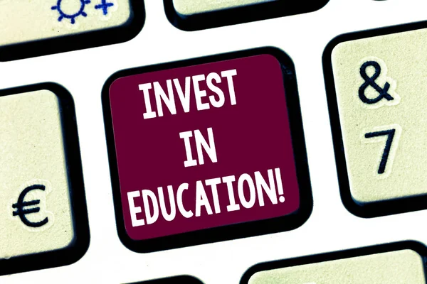 Text sign showing Invest In Education. Conceptual photo sponsor agrees provide student with funding for college Keyboard key Intention to create computer message pressing keypad idea.