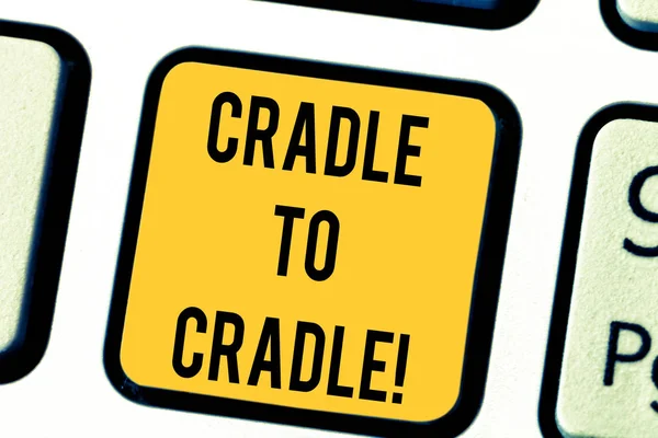 Text sign showing Cradle To Cradle. Conceptual photo biomimetic approach to design of products and systems Keyboard key Intention to create computer message pressing keypad idea.