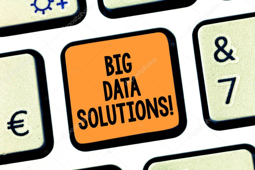 Conceptual hand writing showing Big Data Solutions. Business photo text mean massive volume of both structured unstructured infos Keyboard key Intention to create computer message idea.