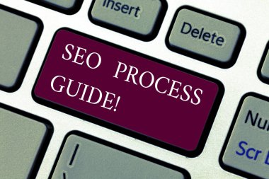 SEO işlemi Kılavuzu gösterilen metin işareti. Kavramsal fotoğraf kümesi eylemleri motorları klavye tuşuna basarak tuş takımı fikir bilgisayar ileti oluşturmak için niyet online görünürlük Web sitesi geliştirmek.