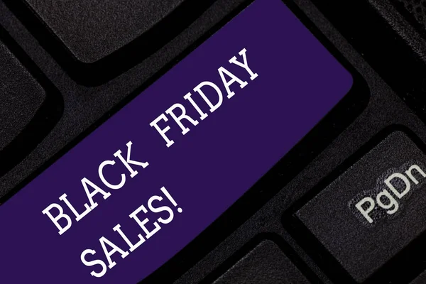 Conceptual hand writing showing Black Friday Sales. Business photo showcasing day full of special shopping deals and heavy discounts Keyboard key Intention to create computer message idea.
