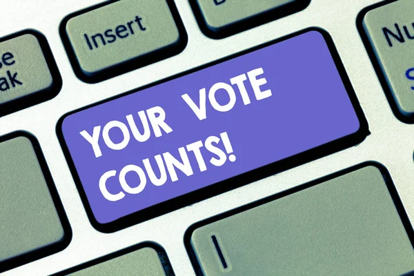 Writing note showing Your Vote Counts. Business photo showcasing Make an election choose whoever you think is better Keyboard key Intention to create computer message pressing keypad idea.