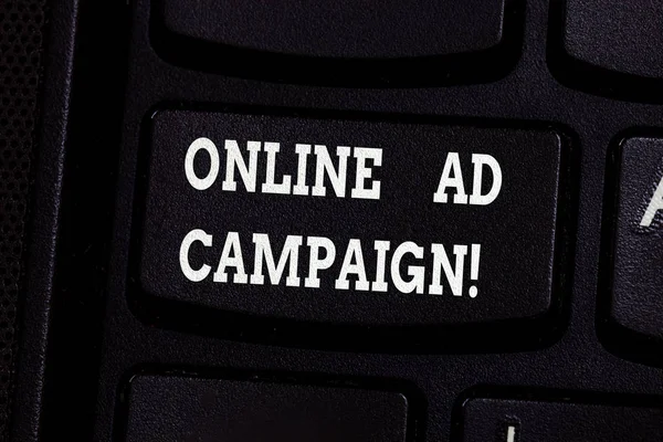 Handwriting text writing Online Ad Campaign. Concept meaning marketing effort put forward by company drive engagement Keyboard key Intention to create computer message pressing keypad idea.