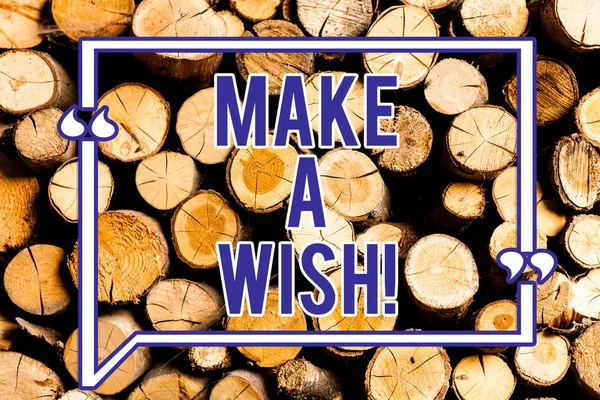 Text sign showing Make A Wish. Conceptual photo To have dreams desires about future events Be positive Wooden background vintage wood wild message ideas intentions thoughts.