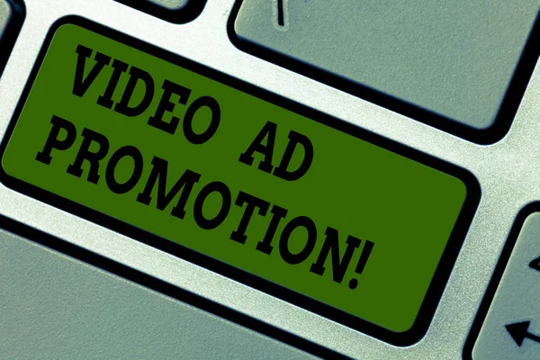 Text sign showing Video Ad Promotion. Conceptual photo help drive more views and subscribers to your channel Keyboard key Intention to create computer message pressing keypad idea. — Stock Photo, Image