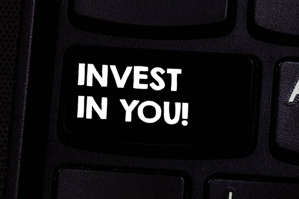 Conceptual hand writing showing Invest In You. Business photo text Take care of yourself buy things for you Motivation Inspire Keyboard key Intention to create computer message idea. — Stock Photo, Image