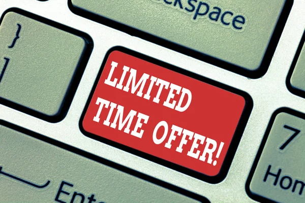 Writing note showing Limited Time Offer. Business photo showcasing special item available for clearly defined short period Keyboard key Intention to create computer message pressing keypad idea.