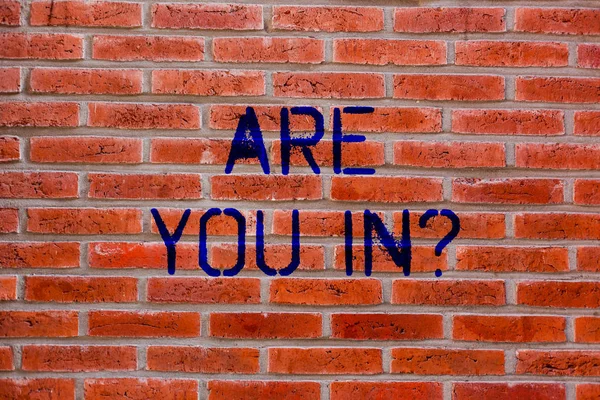 Sinal de texto mostrando Are You In. Foto conceitual Perguntando se você está comprometido com uma determinada causa Brick Wall arte como Graffiti chamada motivacional escrito na parede . — Fotografia de Stock